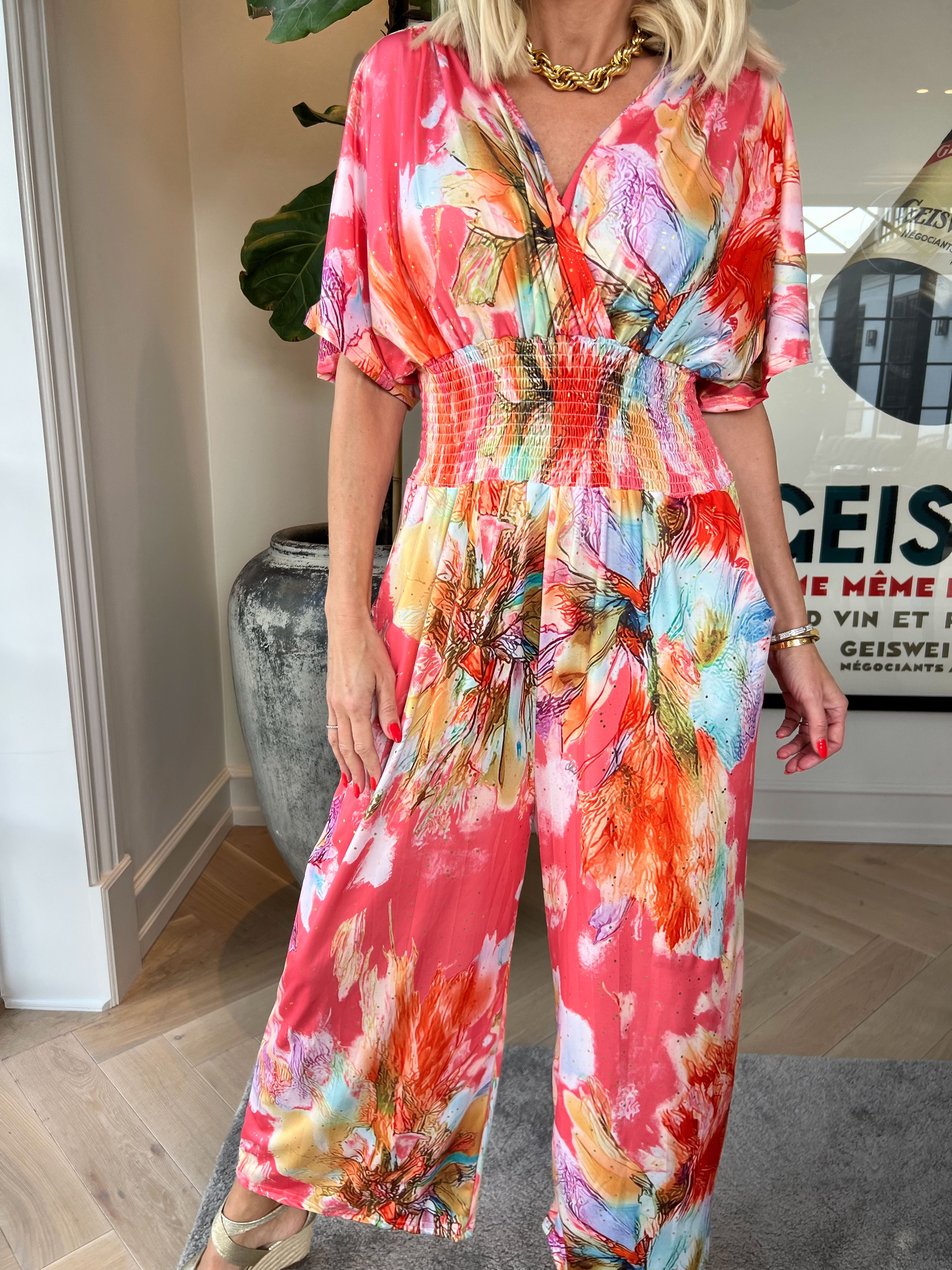 Pams Print Jumpsuit - Elastisk mønstret buksedragt med guld støv